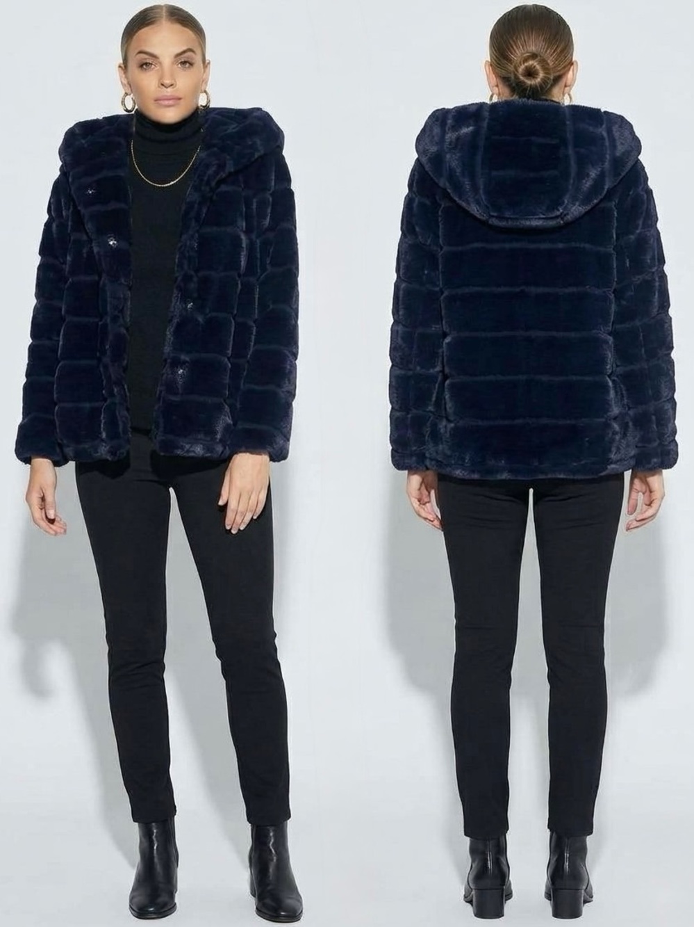 Laundry by Shelli Segal Navy Blue Faux Fur Hooded Coat Jacket Grooved Size Large